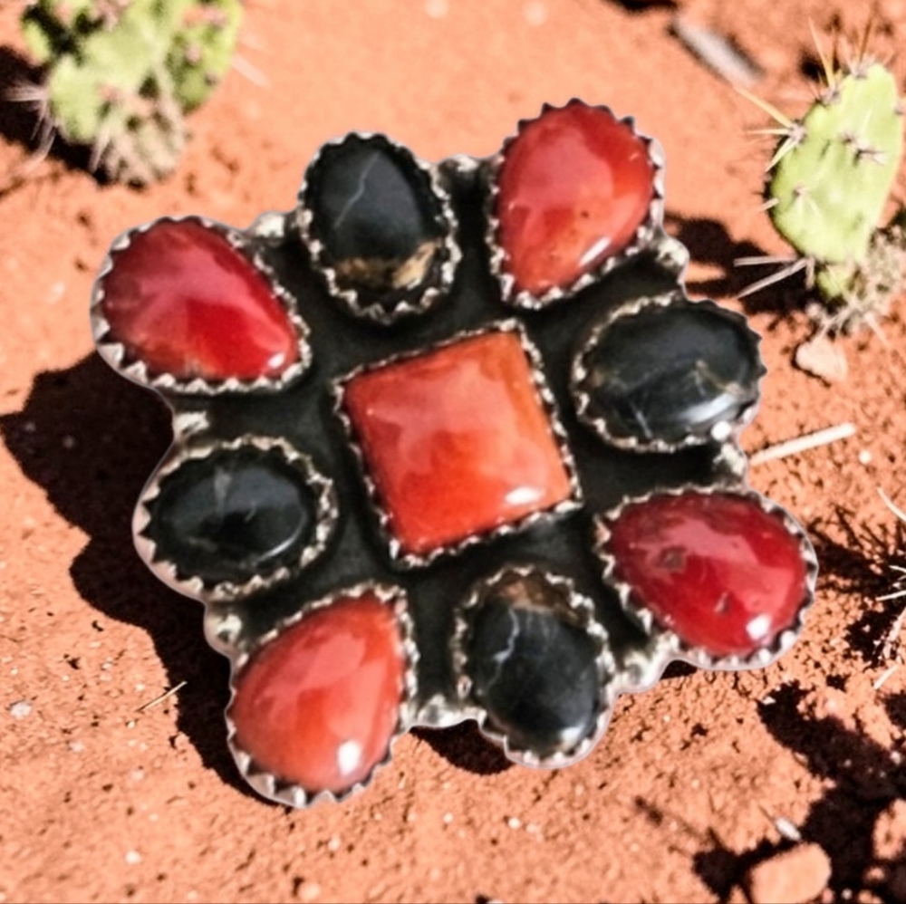 CORAL AND BLACK JACK DAHLIA RING 925 STERLING SILVER SIZE 9.5